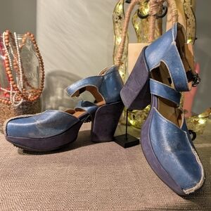 John Fluevog Iridescent Blue Platform Block Heels